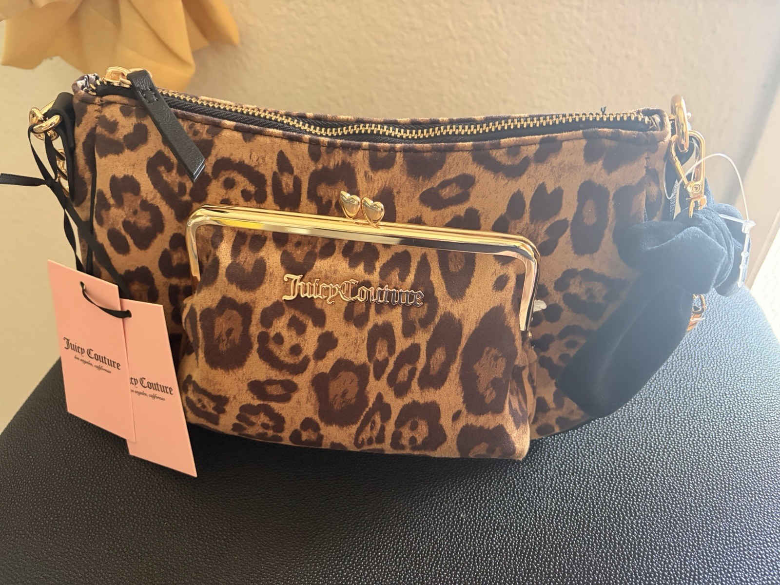 Juicy Couture Leopard Print Shoulder Bag Chain Strap Bow Charm Zip Closure