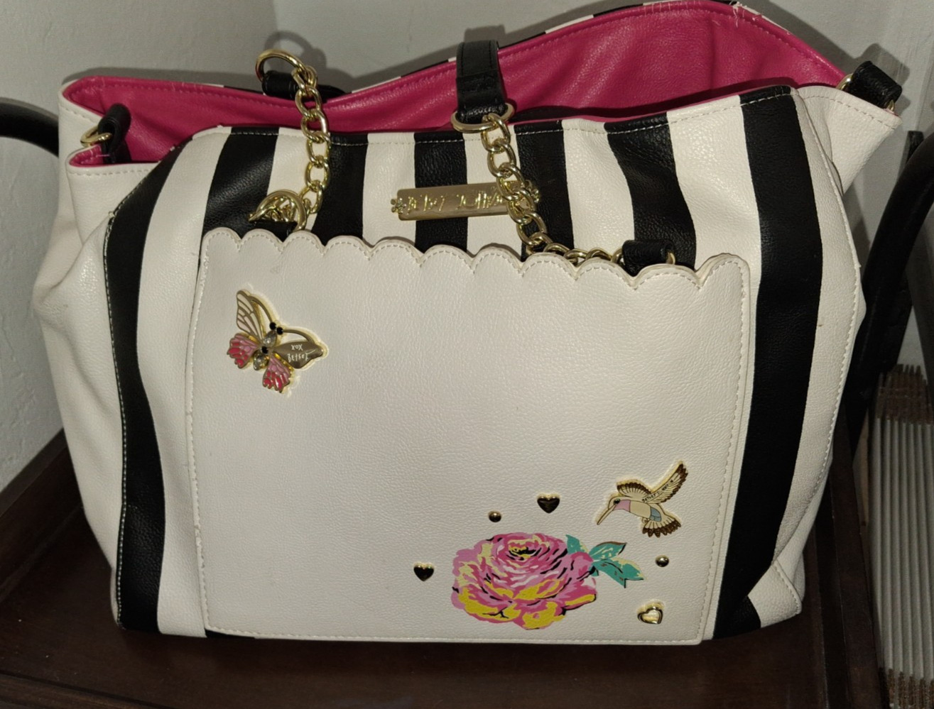 Betsey Johnson Large Black & White Striped Bag, Removable strap