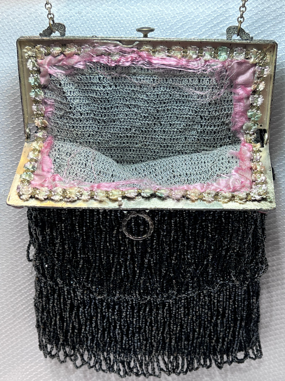 Vtg Fringe Flapper Style Evening Purse Seed Bead Ornate Frame Cabochon