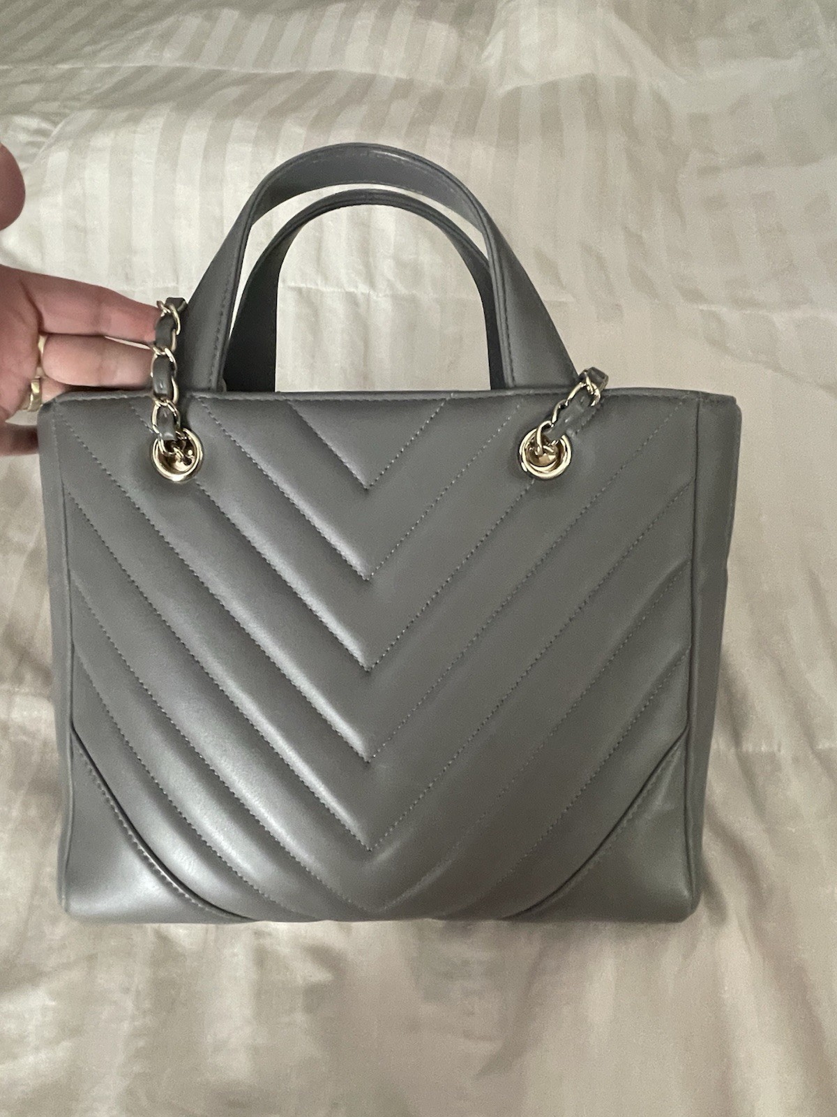 CHANEL Gray Chevron Quilted Top Handle Satchel Chain Strap Gold HW Box/Dust