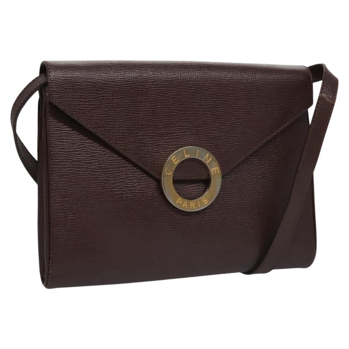 CELINE Circle Shoulder Bag Leather Brown Gold Auth bs21922