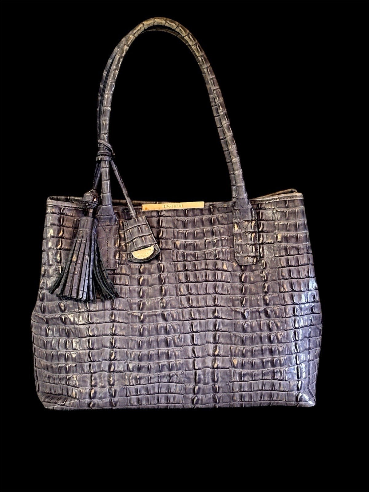 Brahmin Strada Anytime Expandable Tote Gray Croc Pattern Leather 14 X 10 X 6