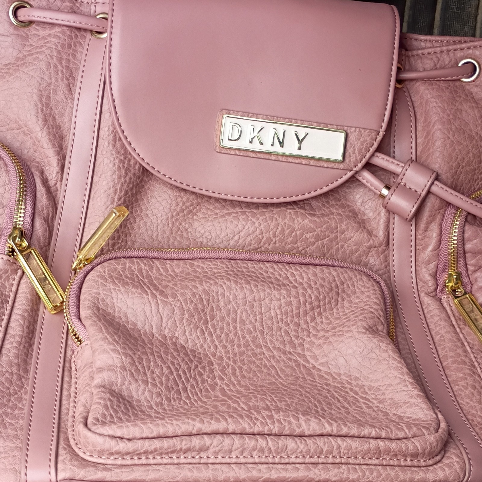 DKNY Pink Women’s Designer Backpack Zip Closure Outer Pockets Gold Hardware