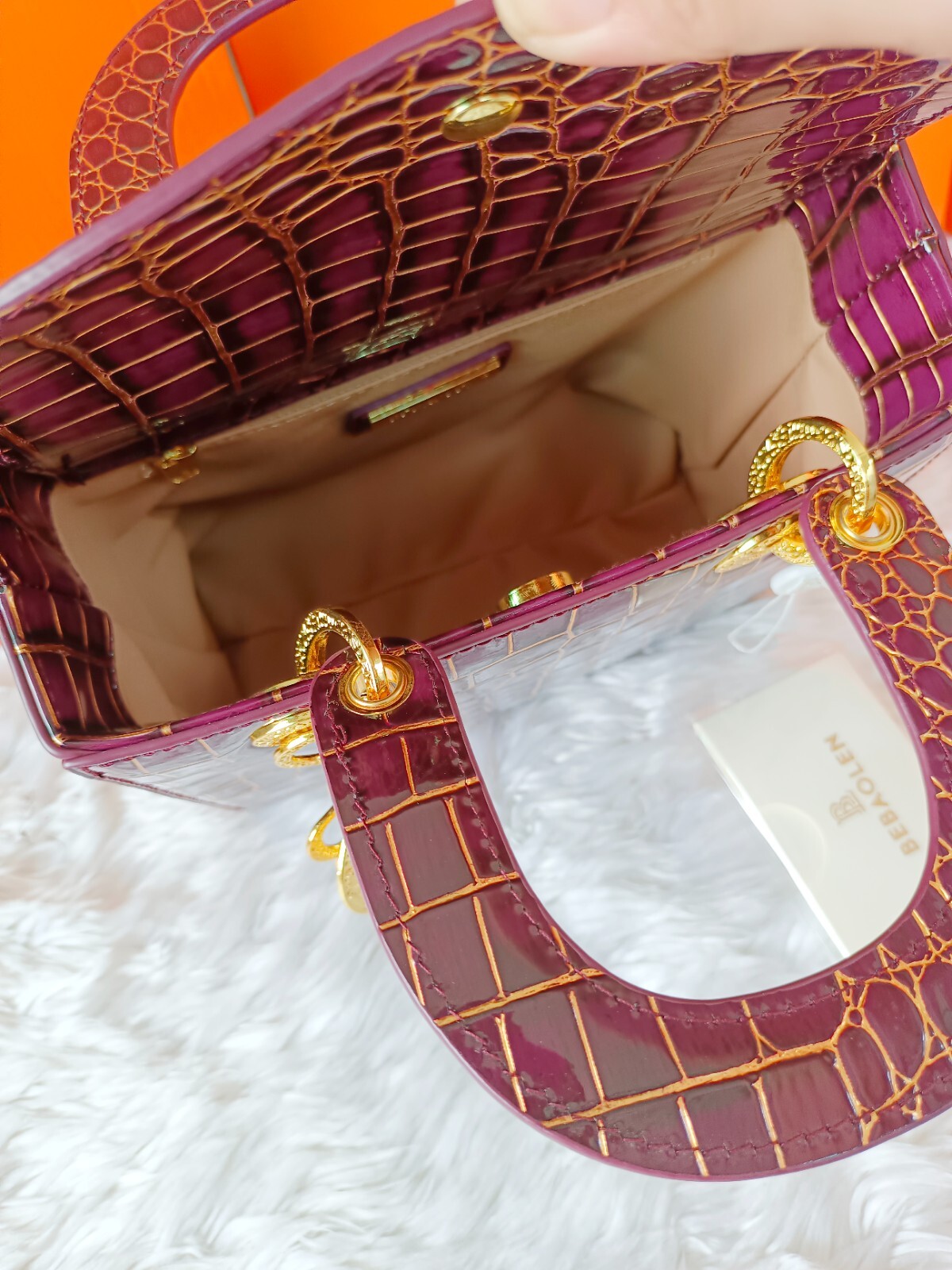 BEBAOLEN Genuine Leather Croc Embossed Golden Purple Color Women Handbags