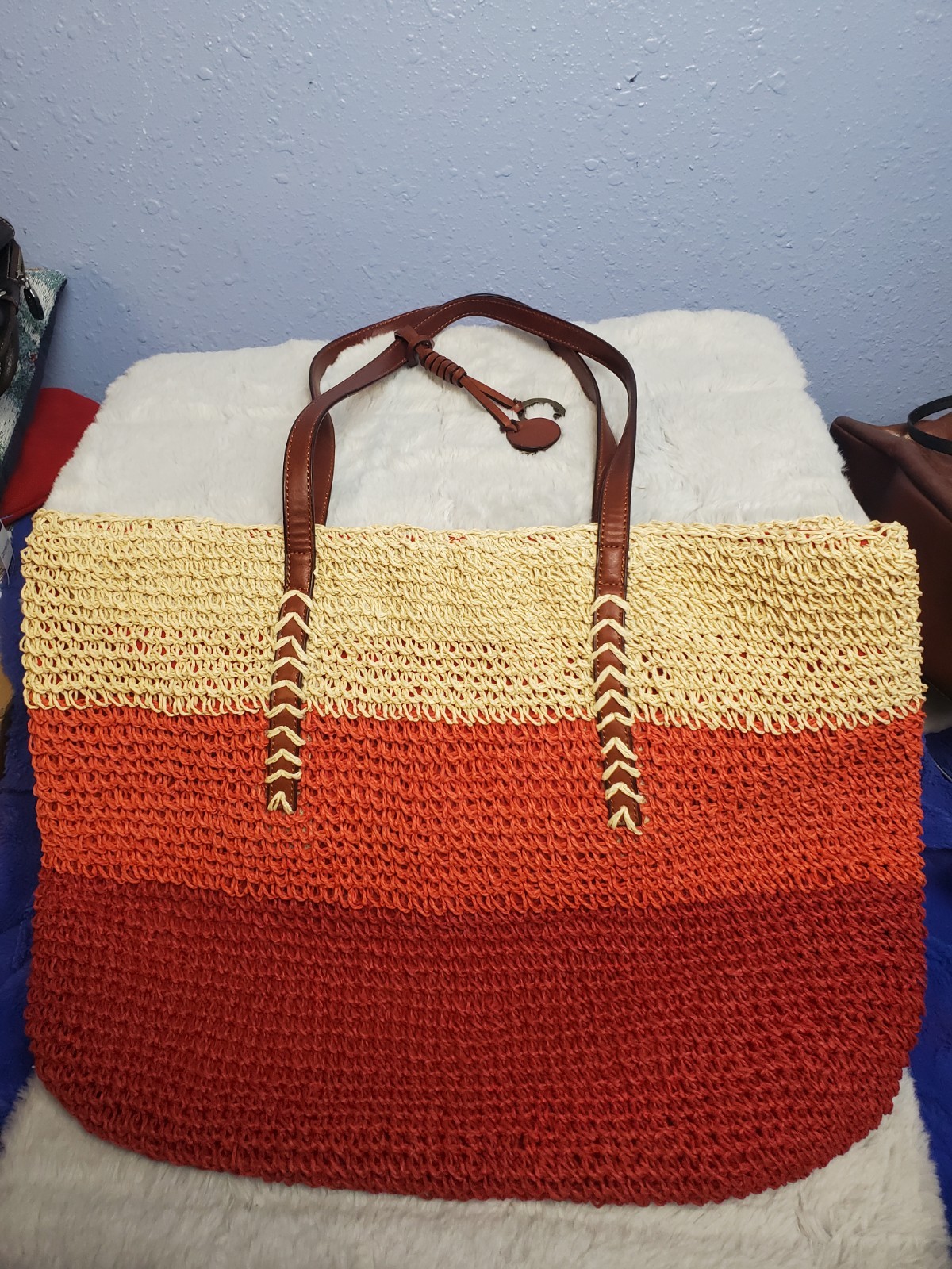 Lucky Brand Red Orange and Cream knit Tote Bag Purse Leather Straps