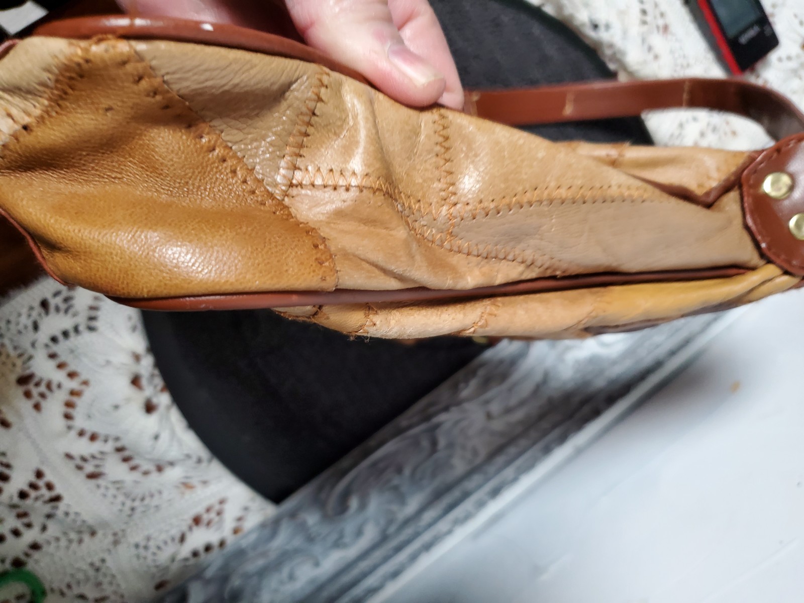 Vtg Leather Patchwork Boho Hippie Festival Shoulder Bag Purse Browns 80’s 90’s