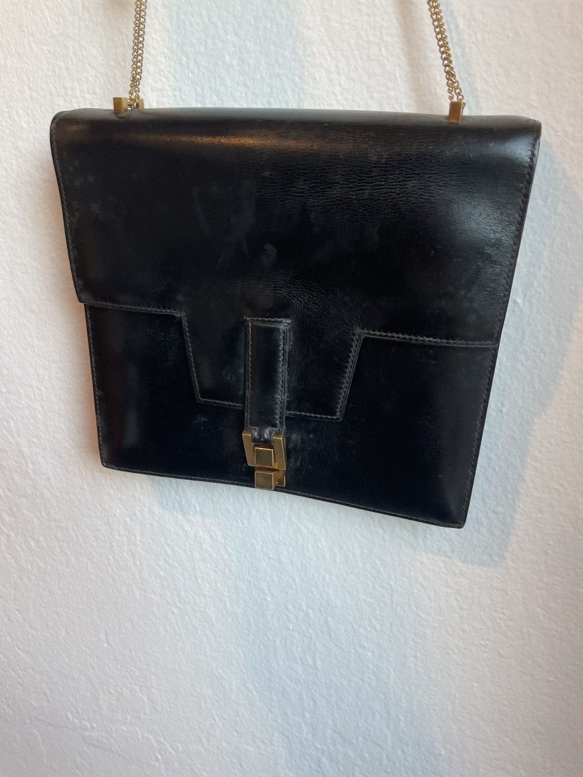 Rare Vintage Archival 1963 Hermès Président Handbag: Black Box Calf, Fine Chain