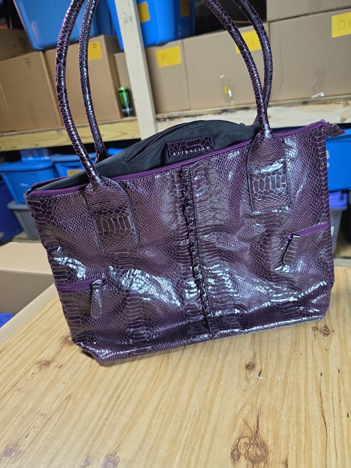 Brand Attention Faux Snakeskin/Leather Eggplant/ Purple Tote Handbag