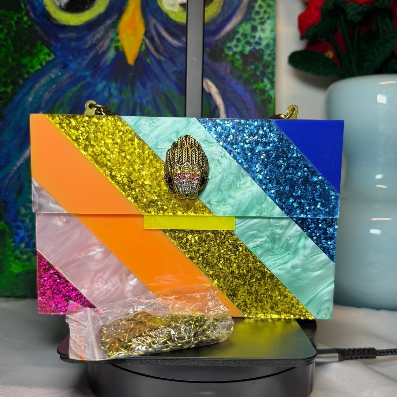 Kurt Geiger London Rainbow Acrylic Eagle Head Glitter Clutch Bag Multi Color KGL
