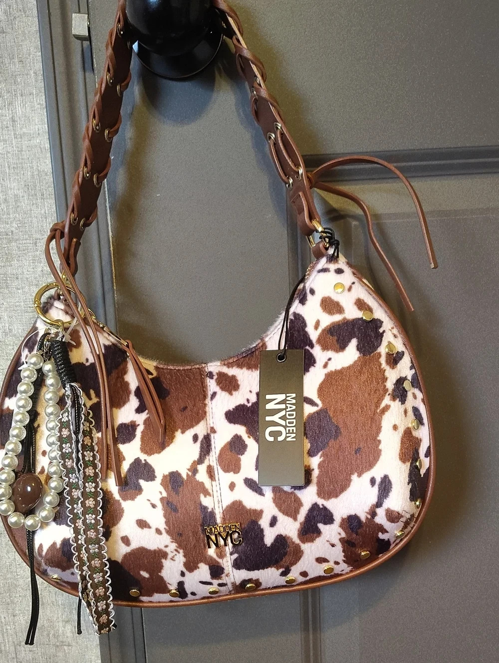 Madden NYC Women’s Cowhide-Print Stud Half Moon Shoulder Bag Brown, White