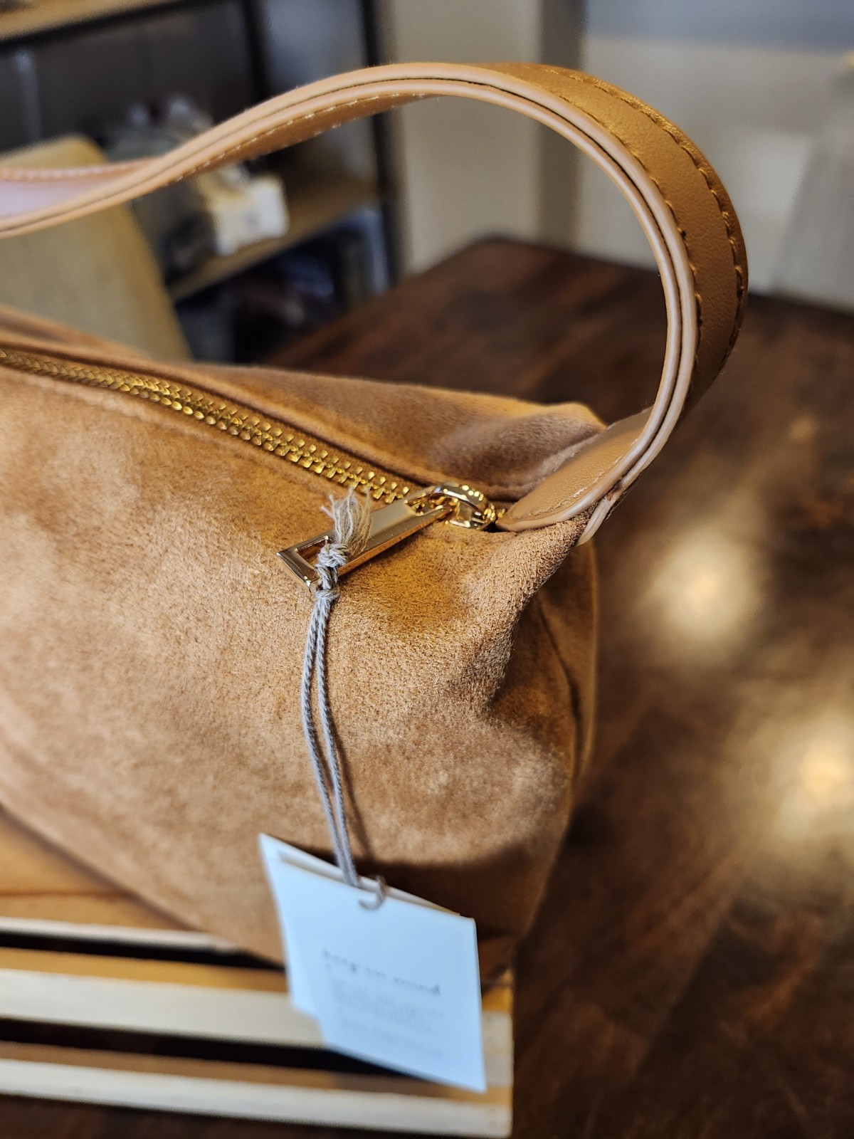 A New Day from Target Camel Suede Bag, Top Handle, Zip Closure, Gold, Charm
