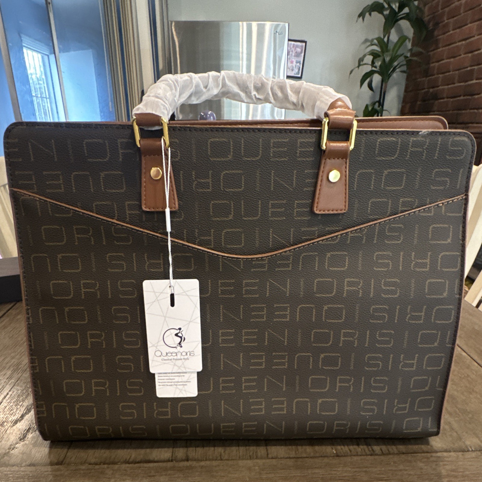 Queenoris Brown Monogram Medium Satchel Top Handle Zip, Inner Pockets, Gold