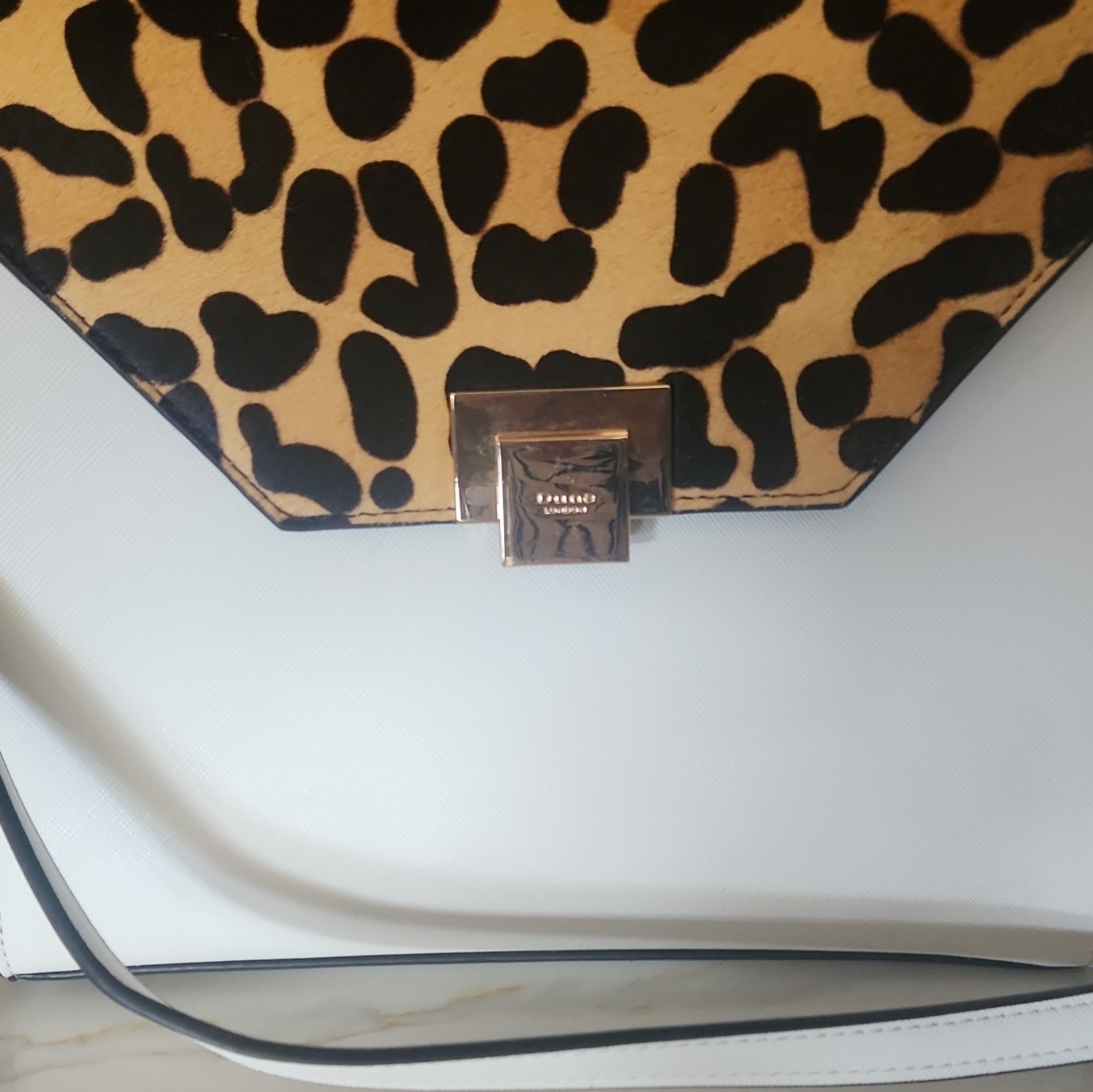 Dune London White Medium Satchel Top Handle Leopard Flap Turn Lock Det Strap