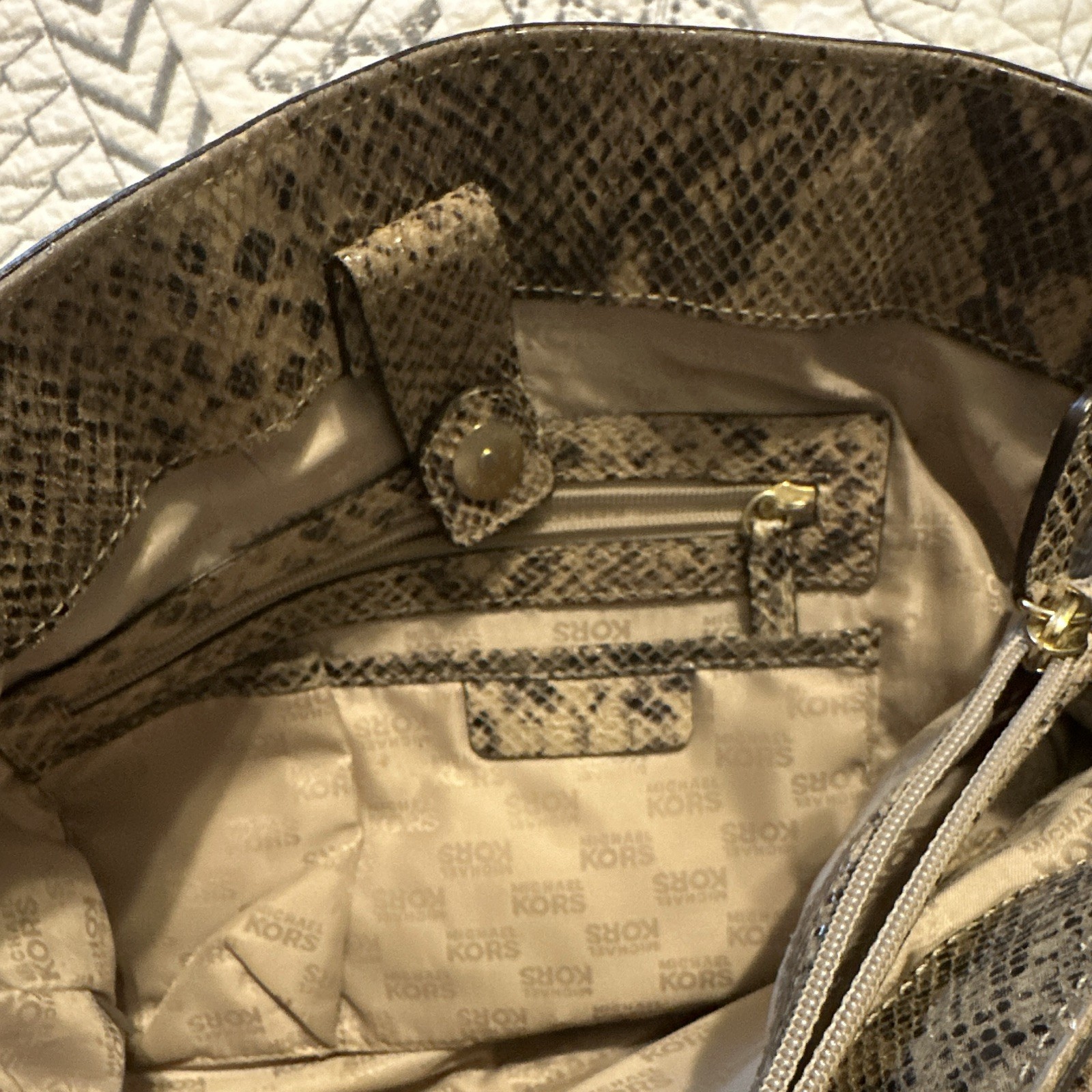 Michael Kors Brown Snake Print Satchel Top Handle Bag Gold Hardware