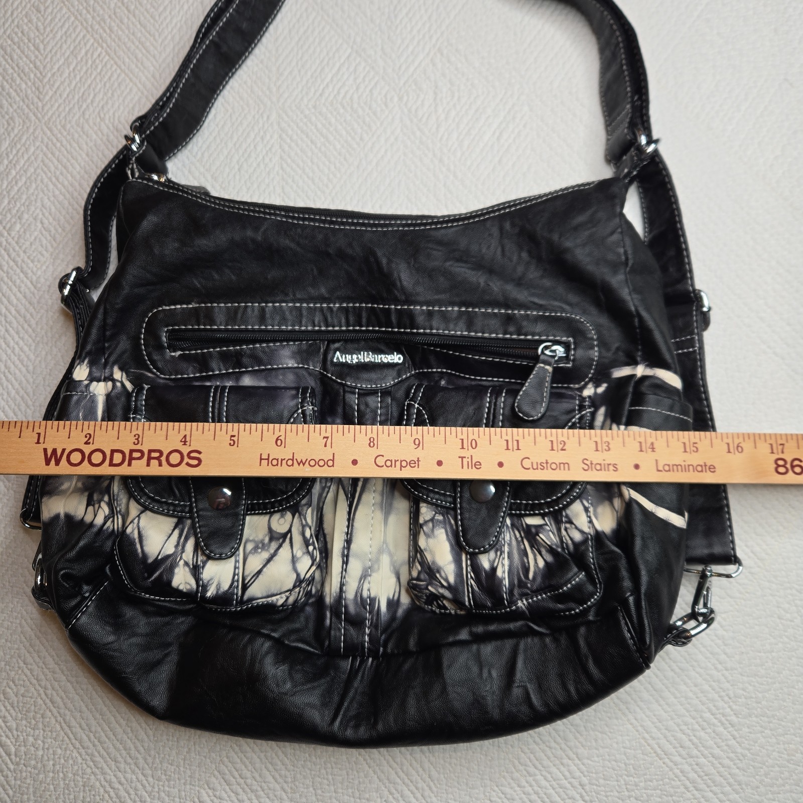 Angel Barcelo Hobo Bag Black white & Silver Hardware Pockets Handbag Purse