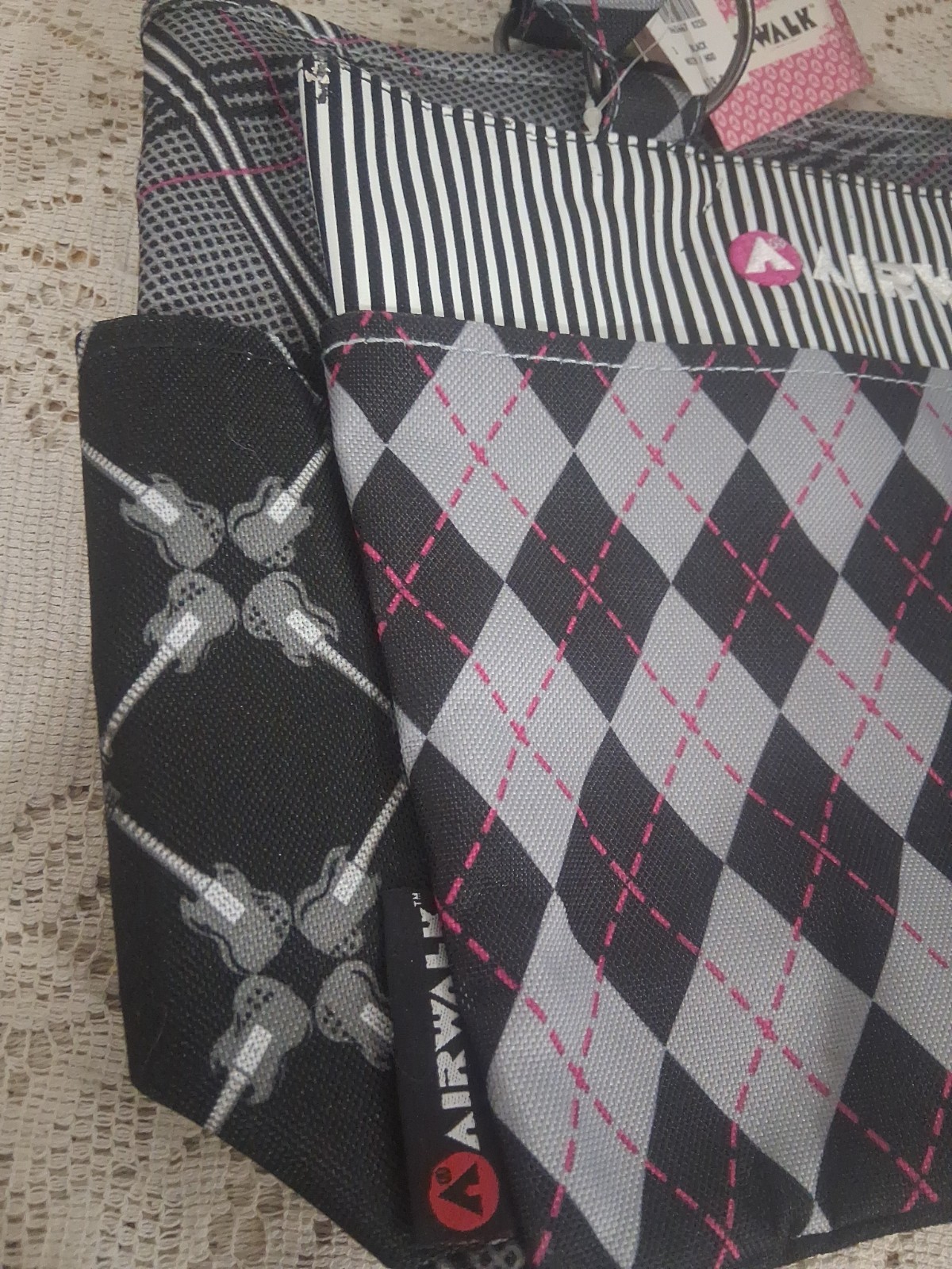 Airwalk Y2K Style Argyle Handbag Purse Guitars Punk Rock Skater Girl Pink Gray