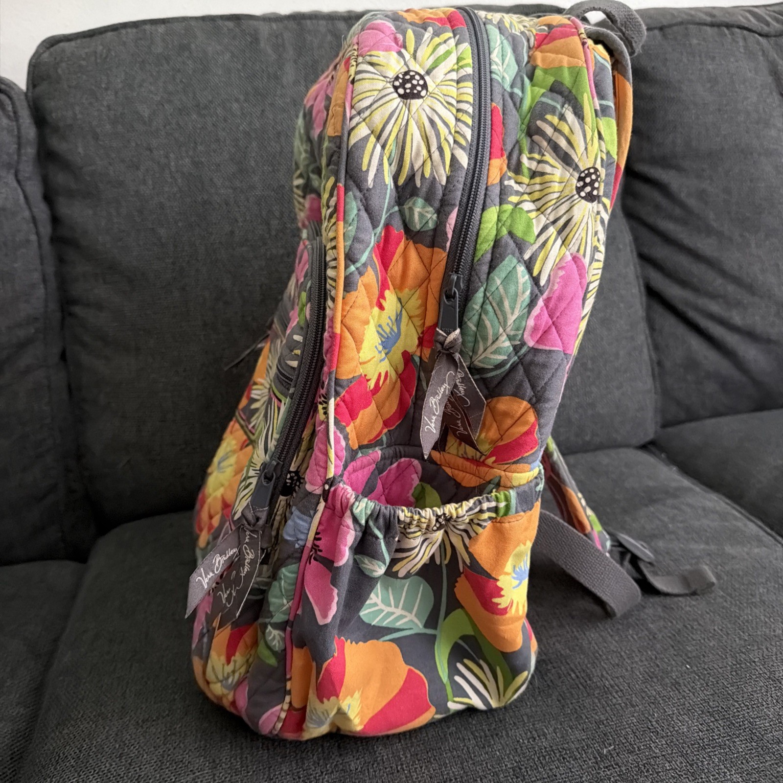 Vera Bradley Large Backpack Bag Jazzy Bloom Quilted Gray Pink Yellow Orange