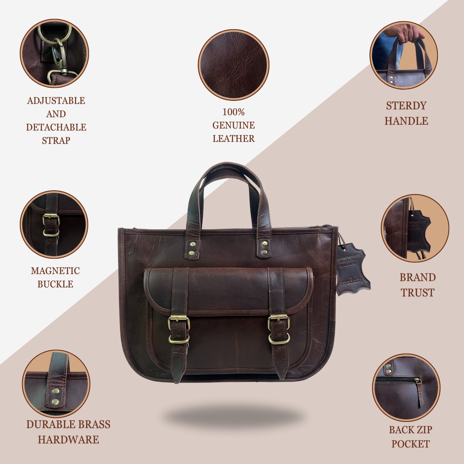 Women’s Leather Tote Bag Medium Briefcase Office Messenger Laptop Brown Handbag