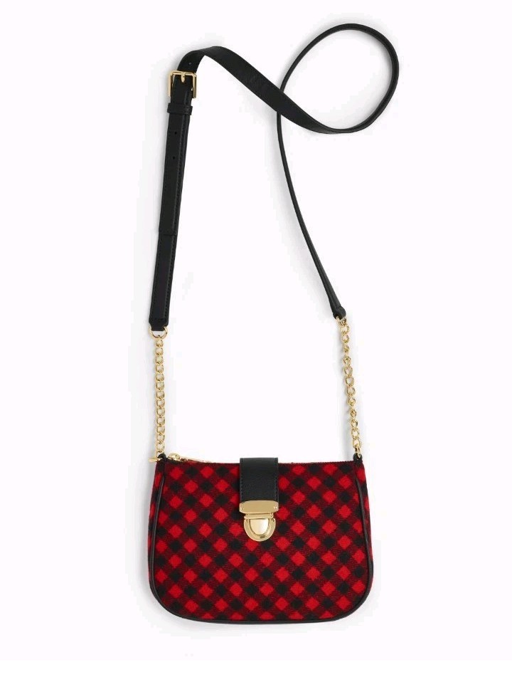 Talbots Crossbody Bag Small Red Buffalo Check Wool Leather Purse Holiday