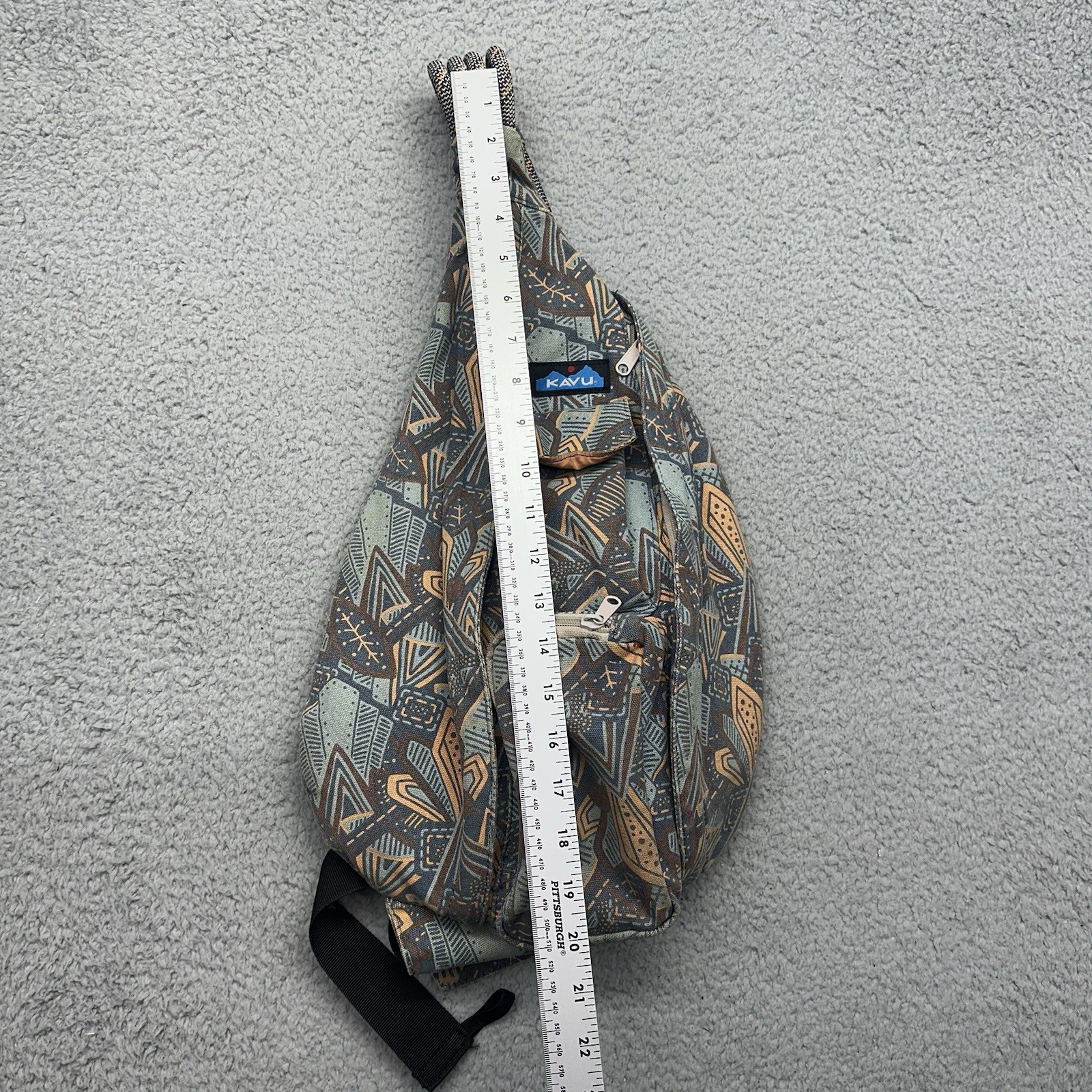 KAVU Rope Crossbody Sack Large Jumble Leaf Print Blue/Peach/Brown Sling Bag