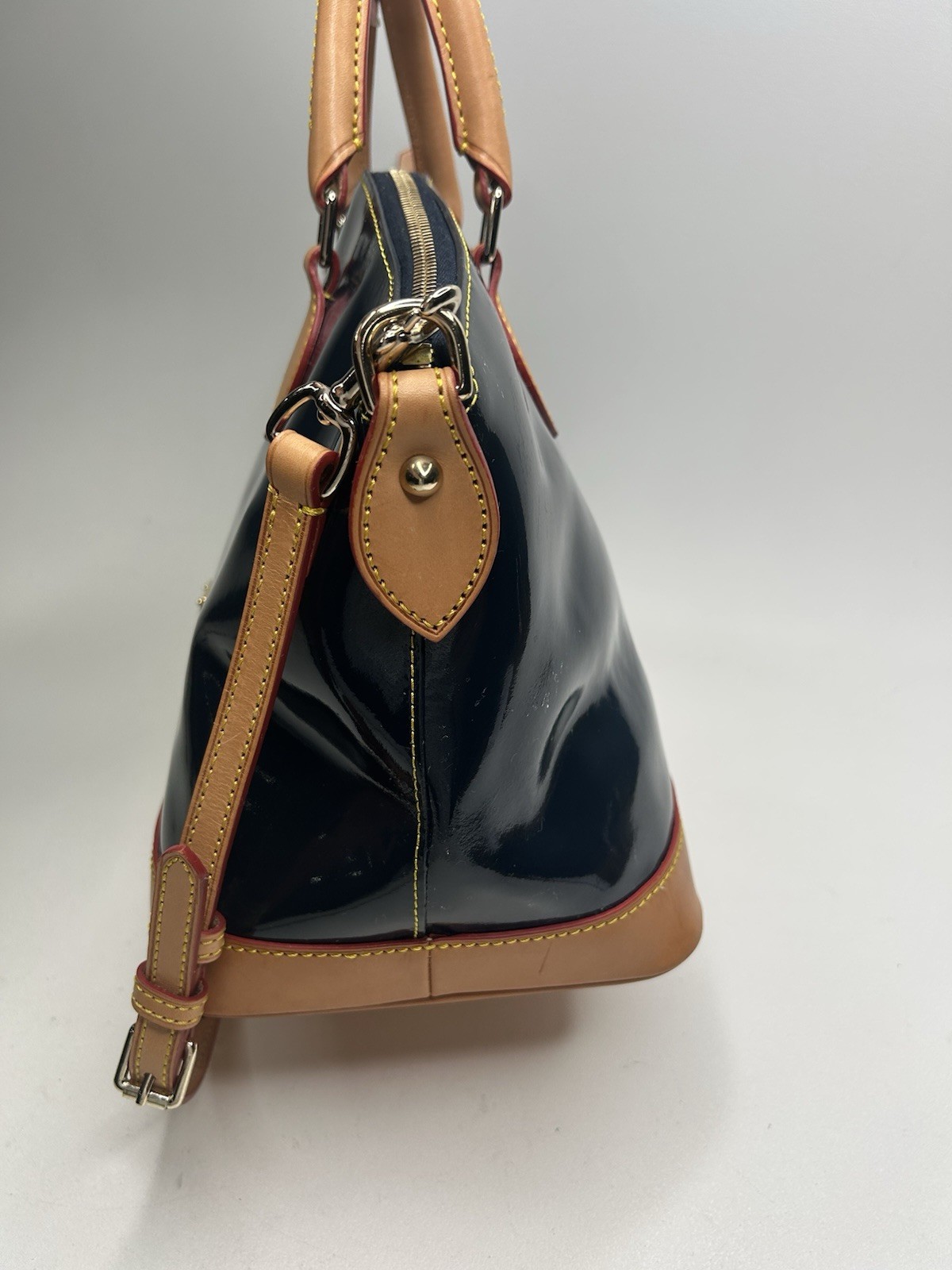 DOONEY & BOURKE Large Dark Navy Patent Leather Satchel Bag Tan Trim & Strap