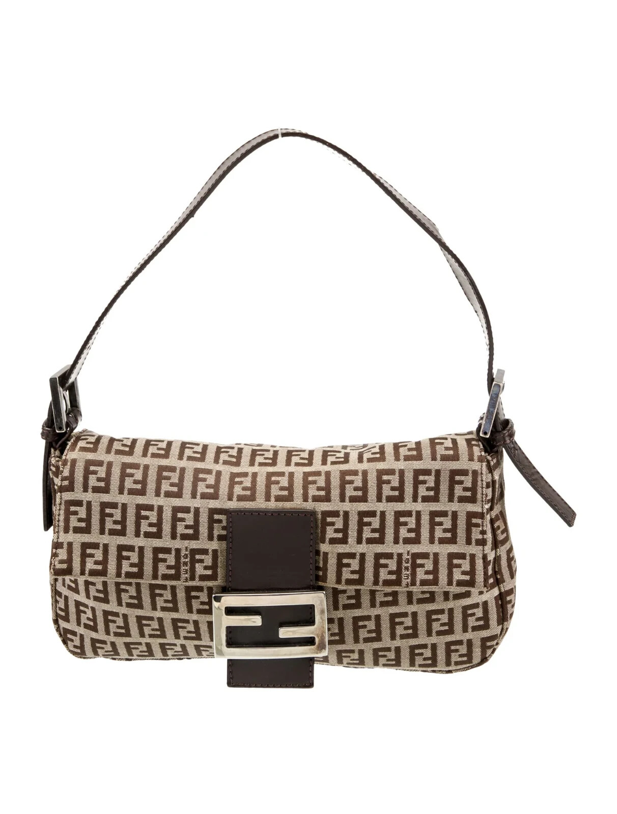 Fendi Baguette Zucchino Shoulder Bag Brown Canvas & Leather Authentic