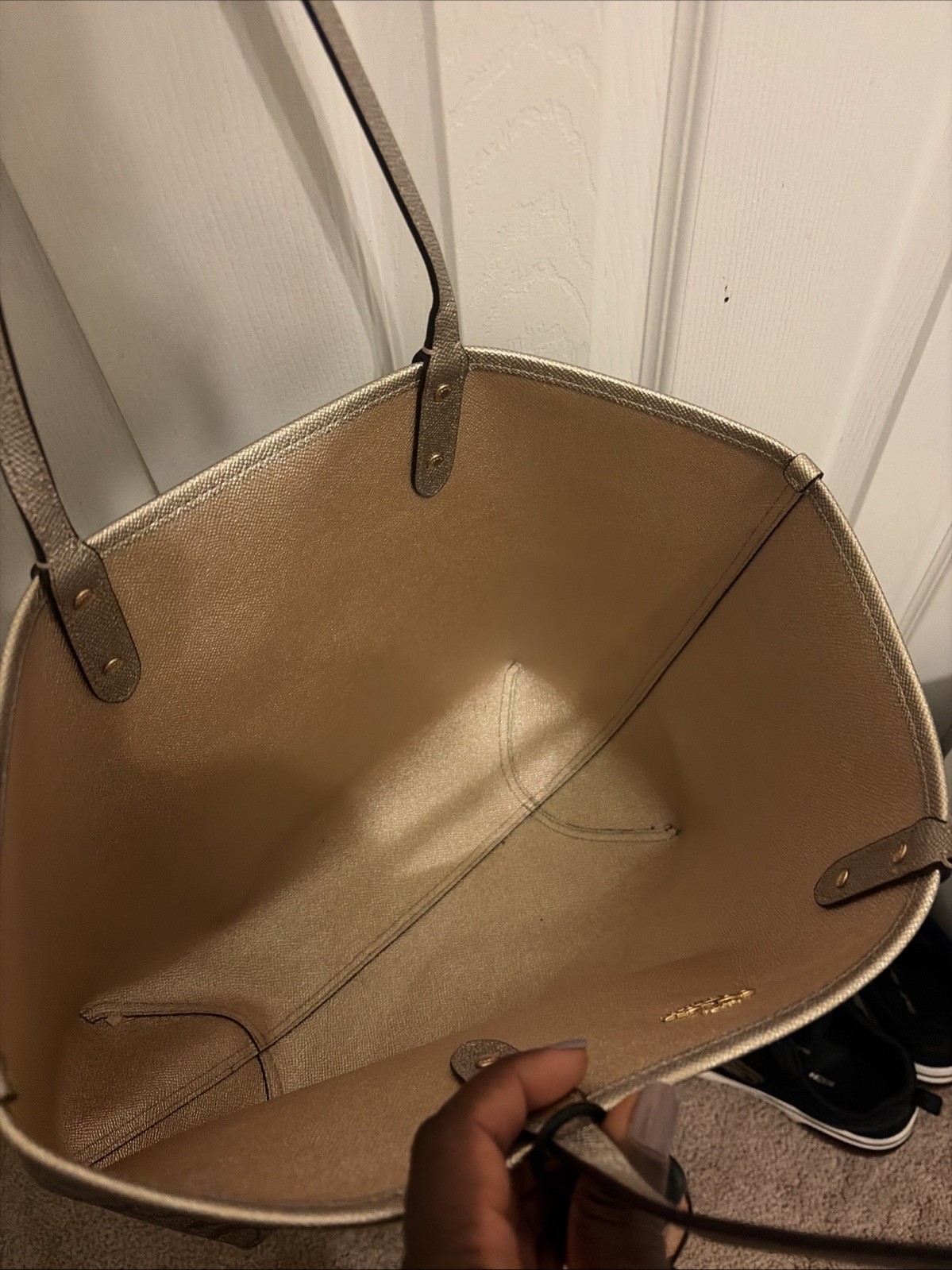 Coach REVERSIBLE CITY TOTE Signature Khaki Gold Metallic Purse with Bonus Pouch