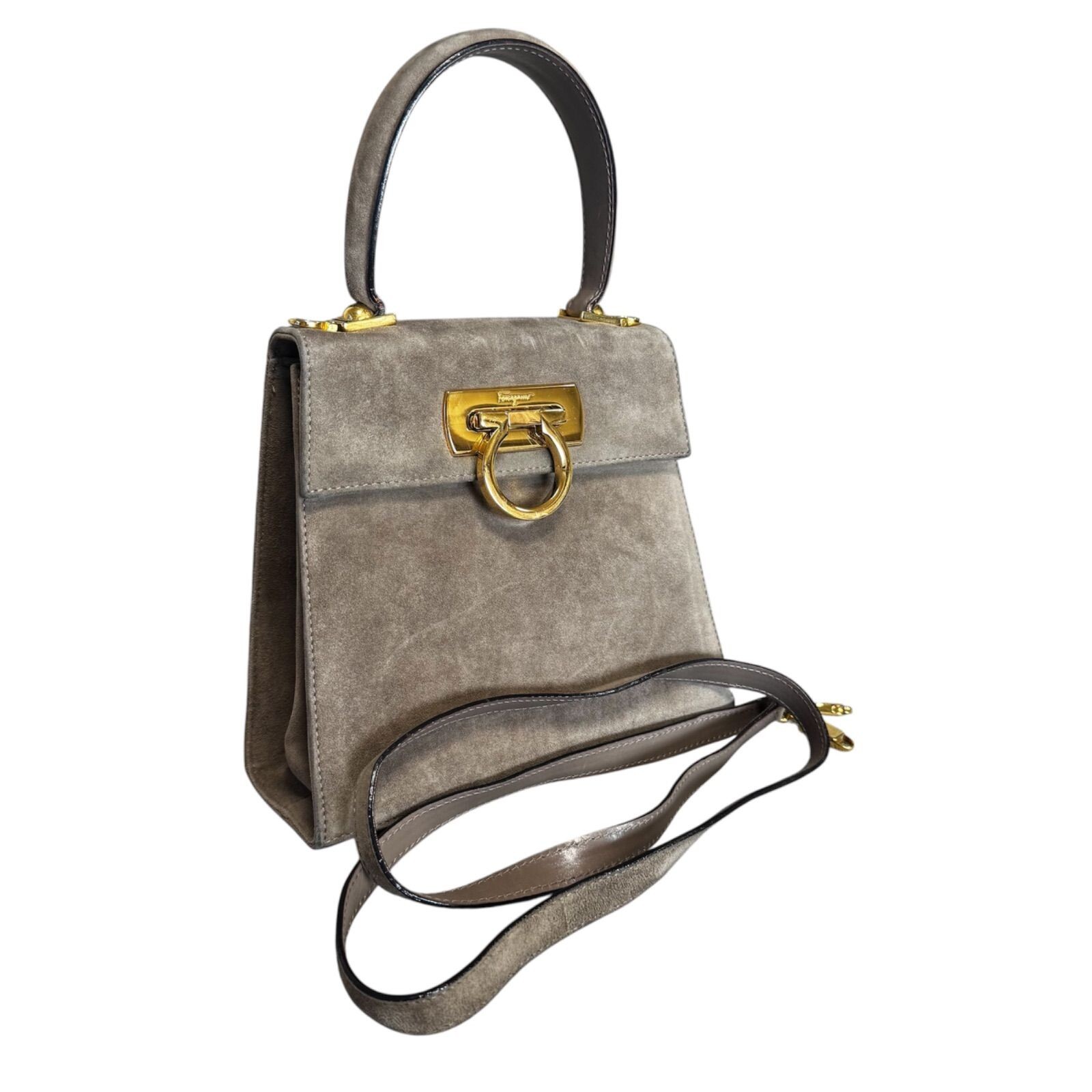 SALVATORE FERRAGAMO 2WAY Bag Gancini Suede Gray Vintage Authentic From Japan