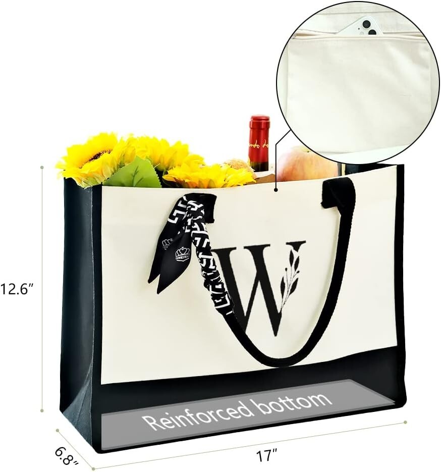 Canvas “W” Monogram Tote Bag Vacation Travel Handbag Embroidered Initial Letter