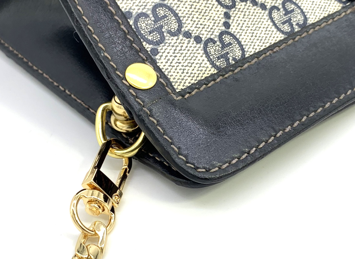 GUCCI VINTAGE GG Supreme Shoulder Bag Chain Strap Sherry Navy Classic Authentic