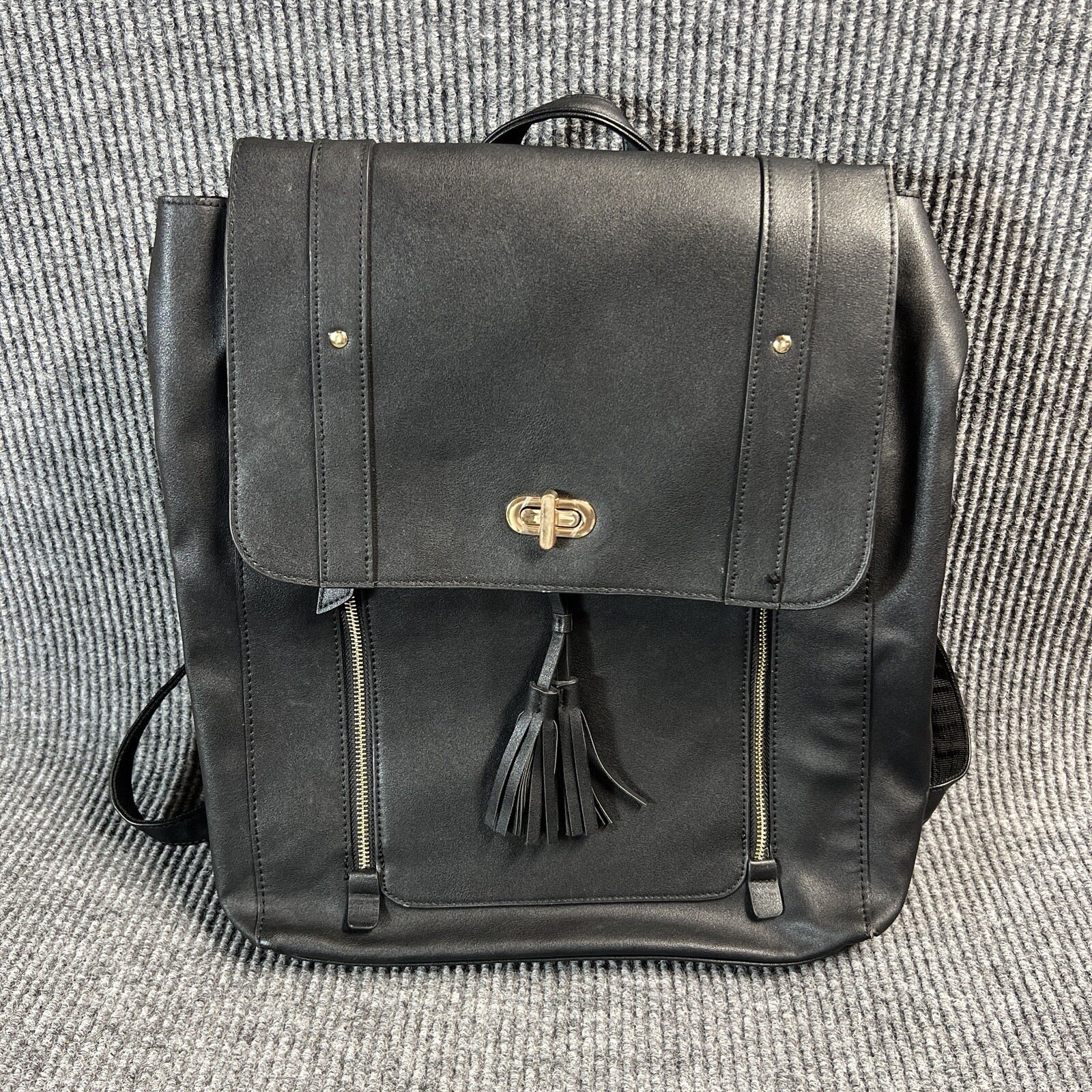 Faux Leather Black Backpack Laptop Bag Casual Work Business Pockets Straps 16×15