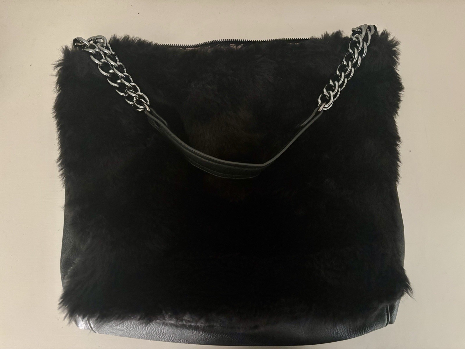 Carlos by Carlos Santana: Hobo Tote Bag Faux Fur / Leather Gunmetal Chain Handle