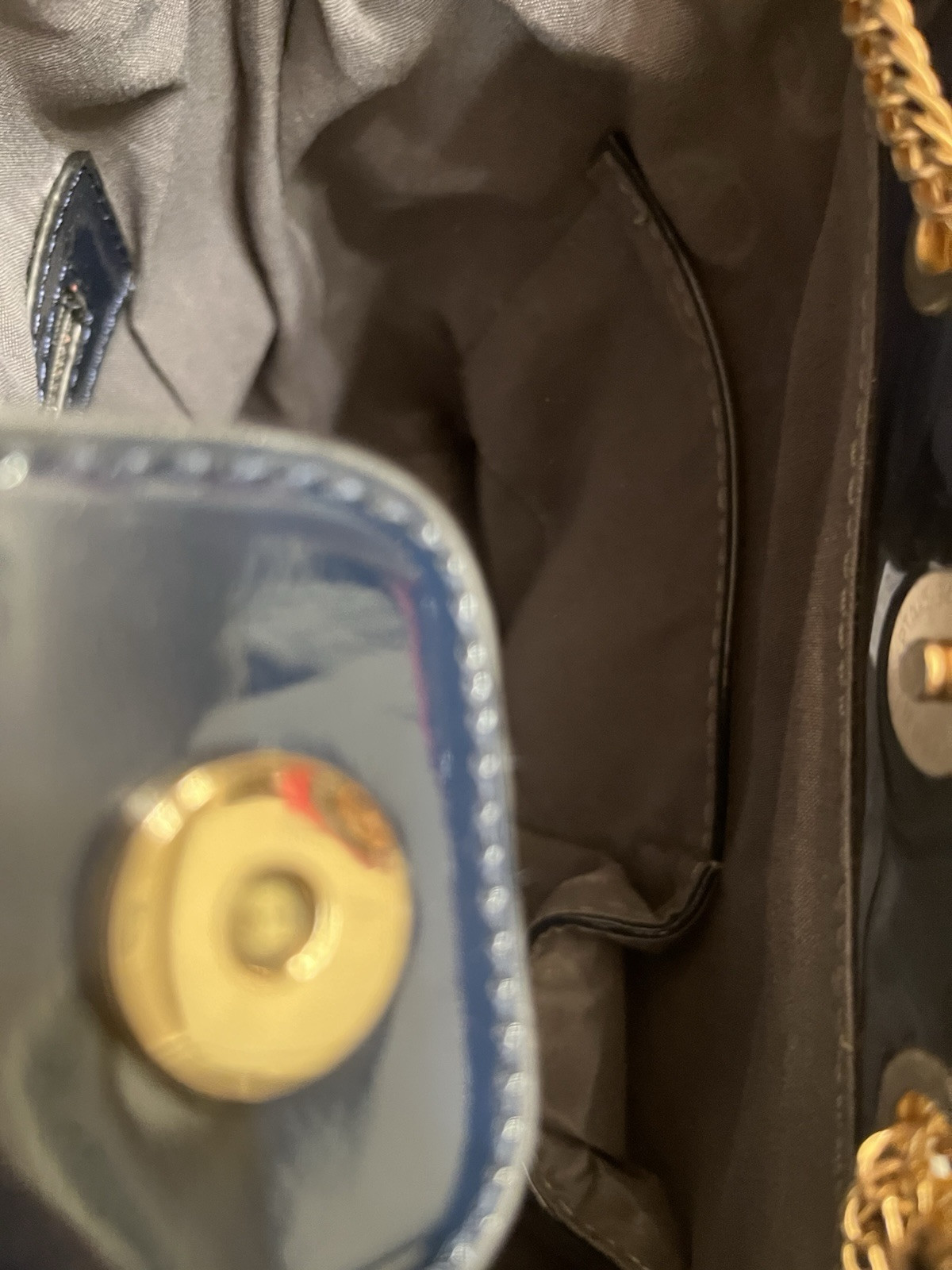 NAVY BLUE PATENT LEATHER Bucket Bag, Chain & Snap Closure, Hand & Shoulder Strap