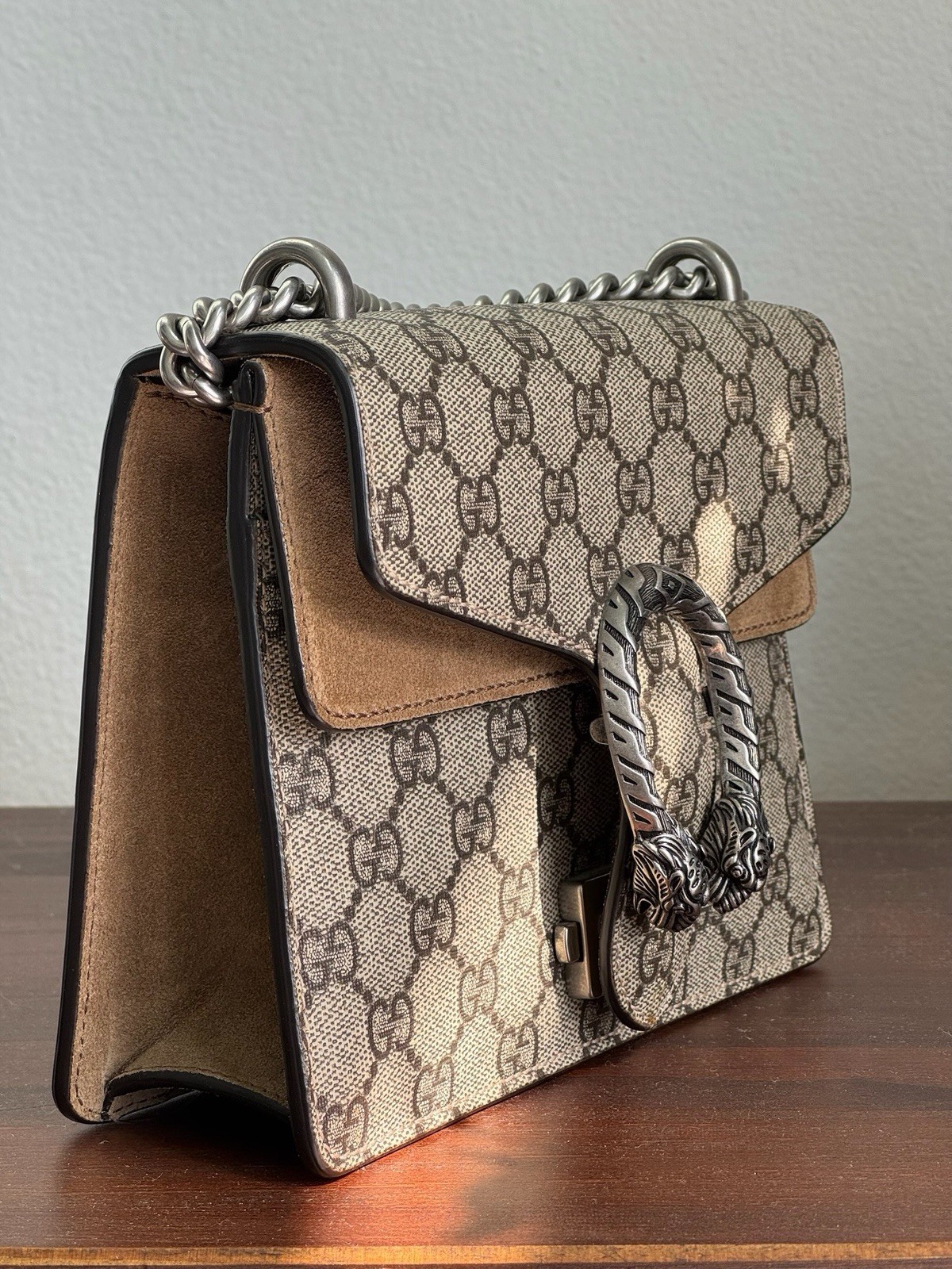 Gucci Dionysus Mini GG Supreme Beige Suede Shoulder Bag 421970