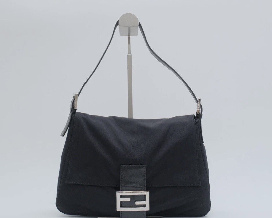 Fendi Mamma Baguette Shoulder Bag Purse Black Nylon