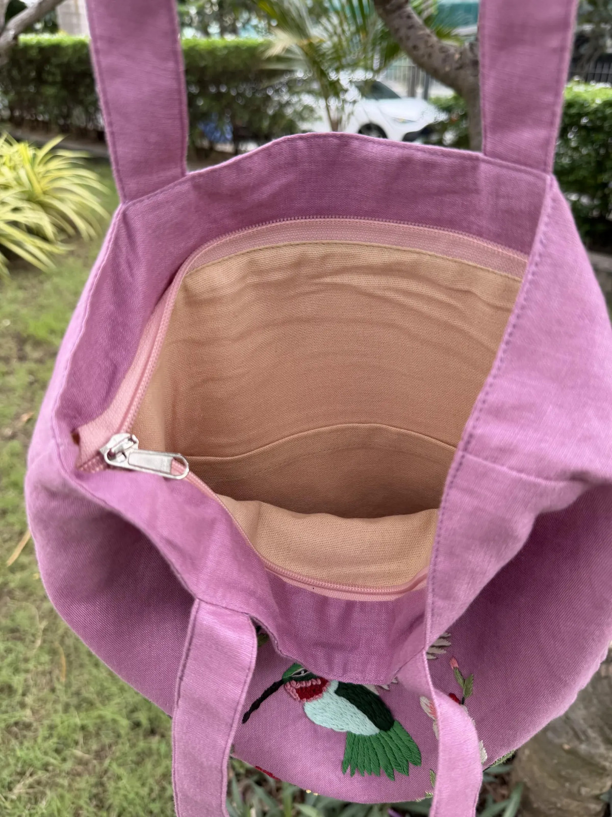Handmade Tote Bag with “Bird & Flowers” Embroidery Purple