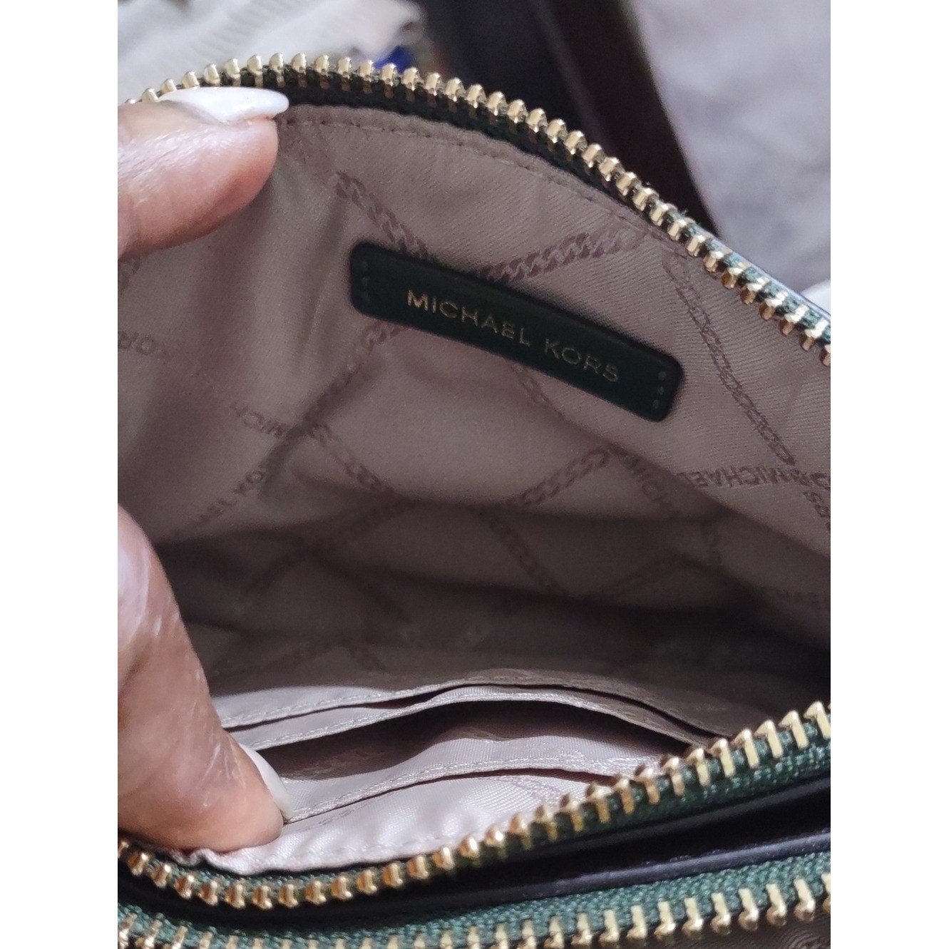 Michael Kors Brown Logo Crossbody with Green Trim Brand New