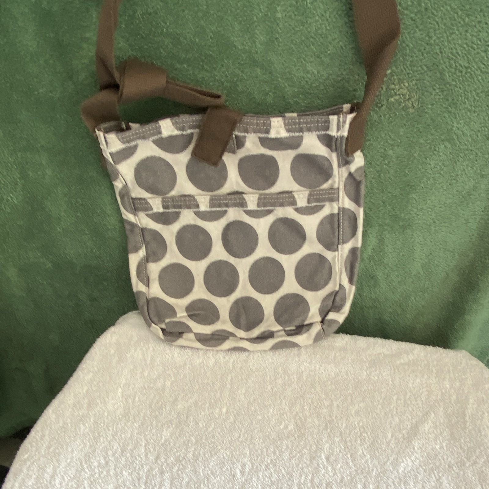 Women’s Gray & White Polka Dot Small Crossbody Bag Adjustable Brown Strap