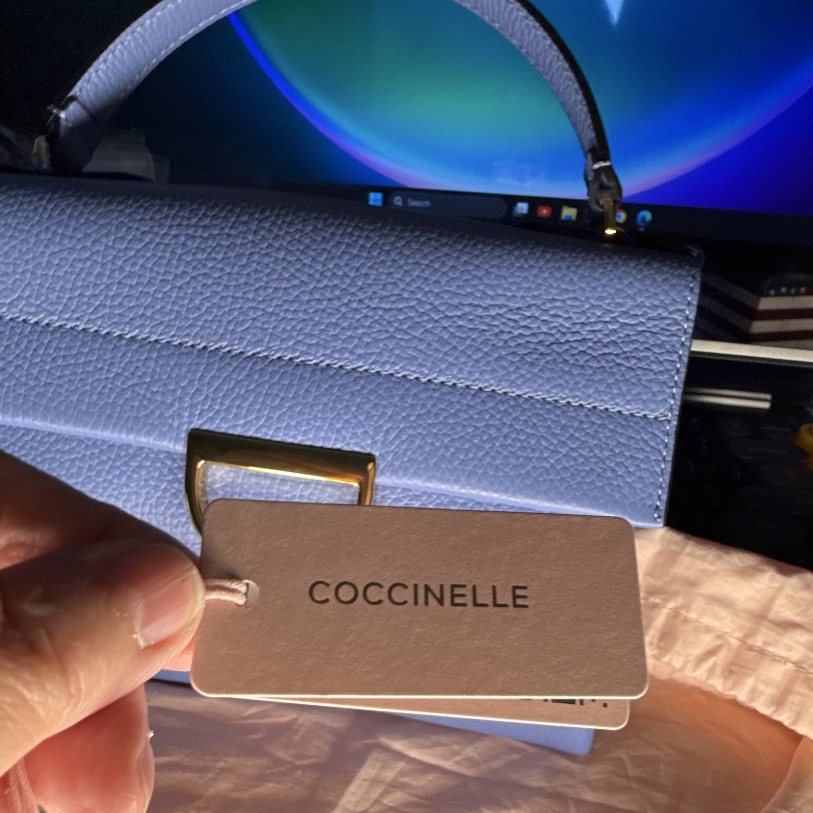 COCCINELLE Small Blue Pebbled Top Handle Satchel Turn Lock Gold Strap Dust Bag