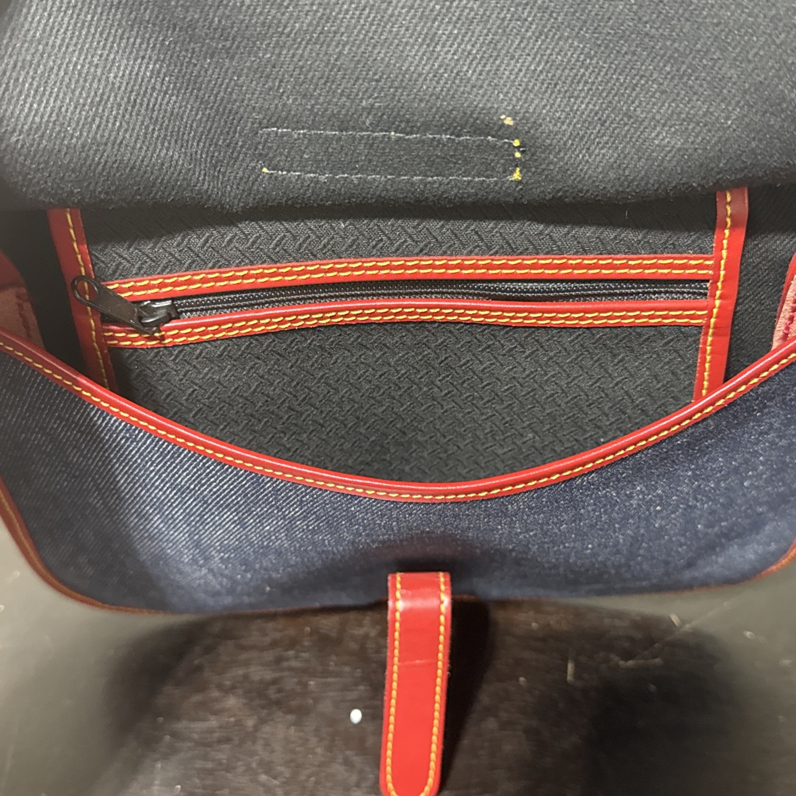 Vintage Dooney & Bourke Blue Denim Saddle Bag Red Leather Trim Messenger Handbag