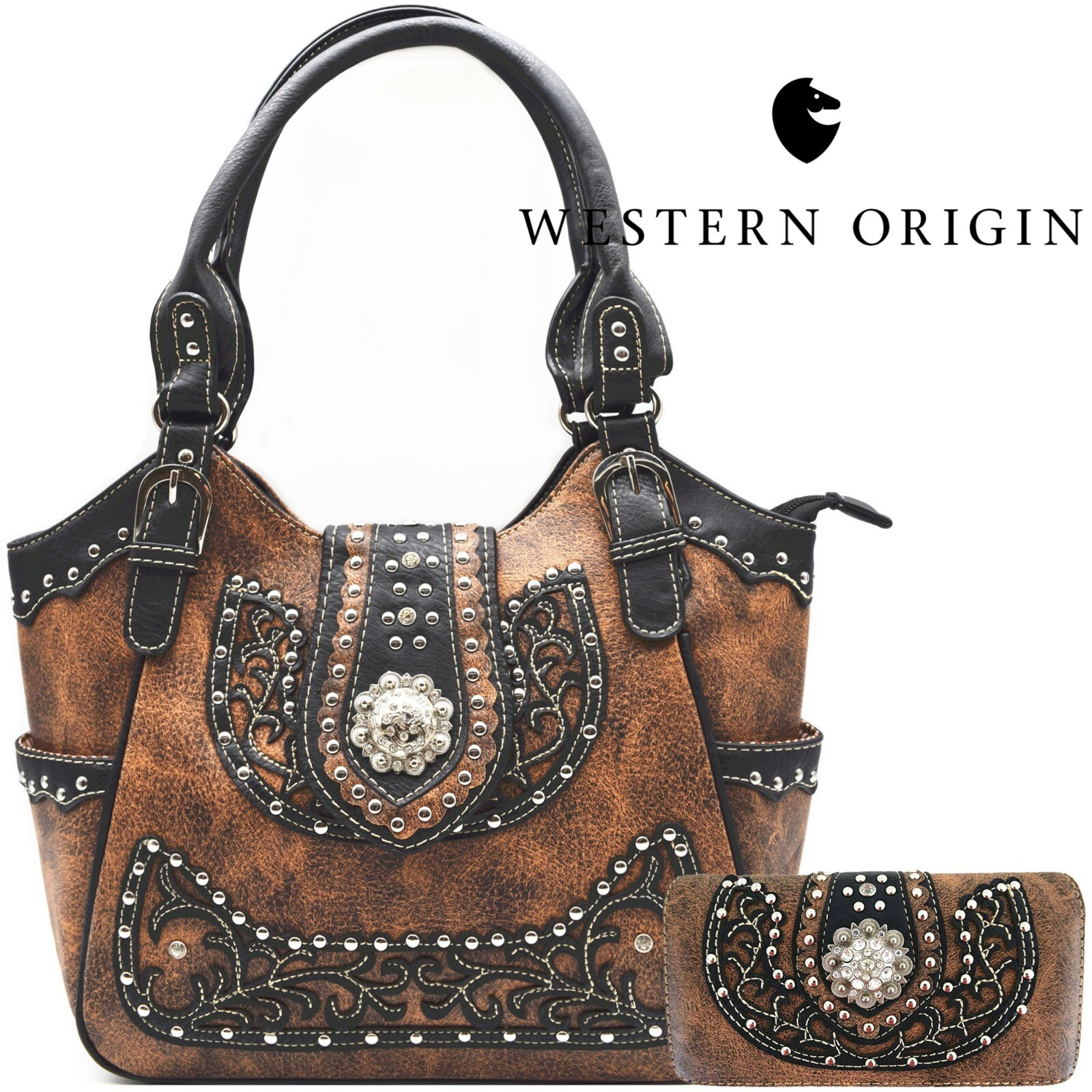 Western Handbag Floral Concho Brown Concealed Carry Purse Shoulder Bag Wallet
