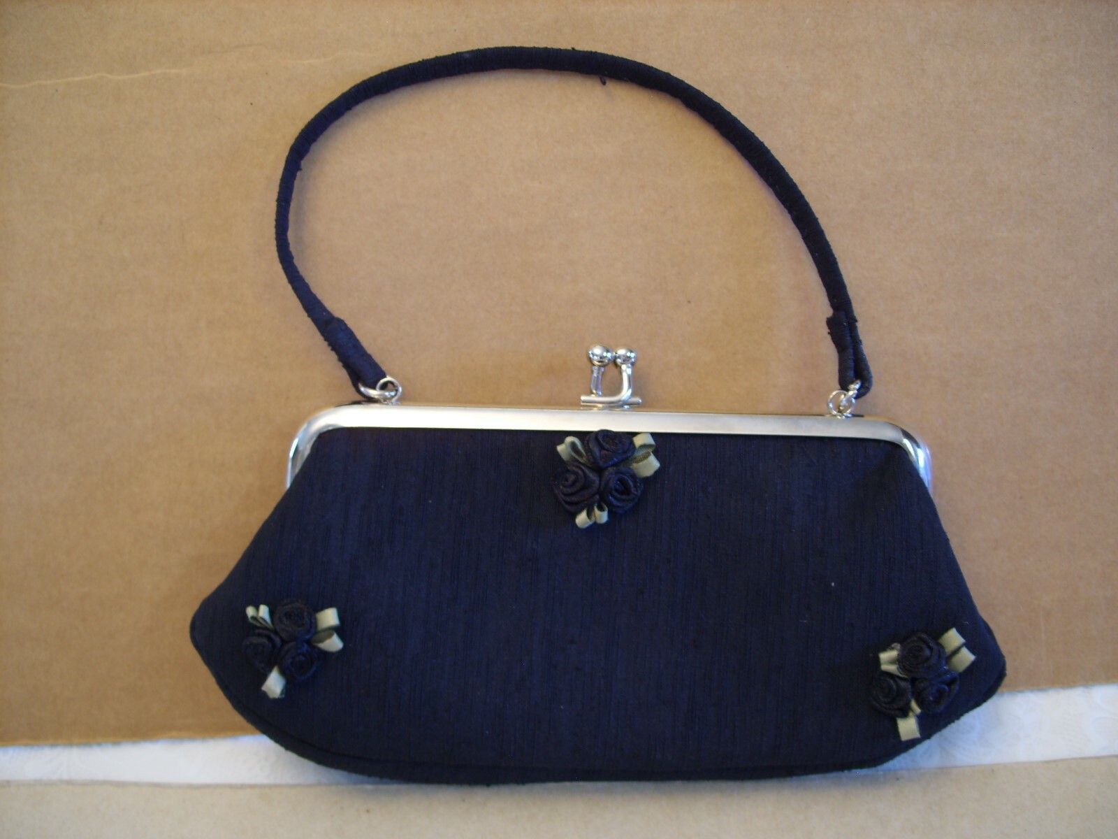 Julie Feldman Black Evening Wristlet Purse w/ Rosettes 6.5 in x 3.5 in