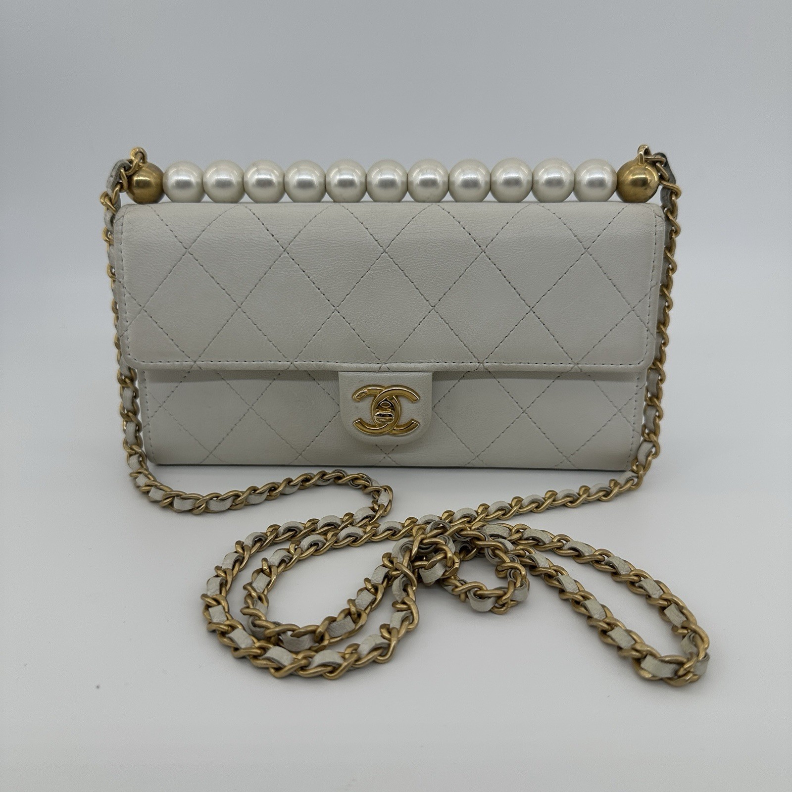 Chanel Classic Wallet on Chain White Calfskin Pearl WOC Crossbody Bag