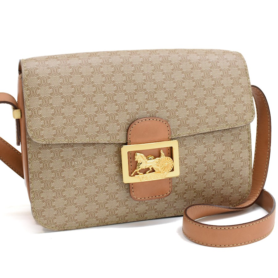 Auth CELINE Macadam Triomphe Shoulder Bag Shoulder Bag Beige PVC b31 T00X