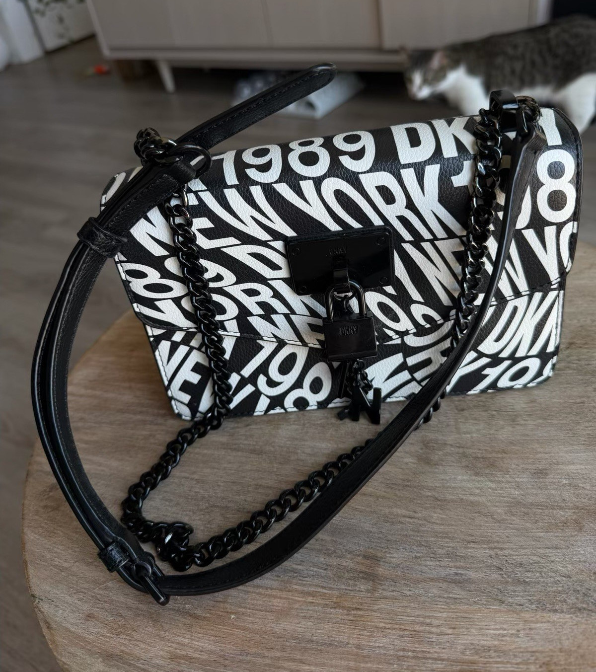 DKNY Black & White Logo Print Crossbody Bag Chain Strap Magnetic Padlock