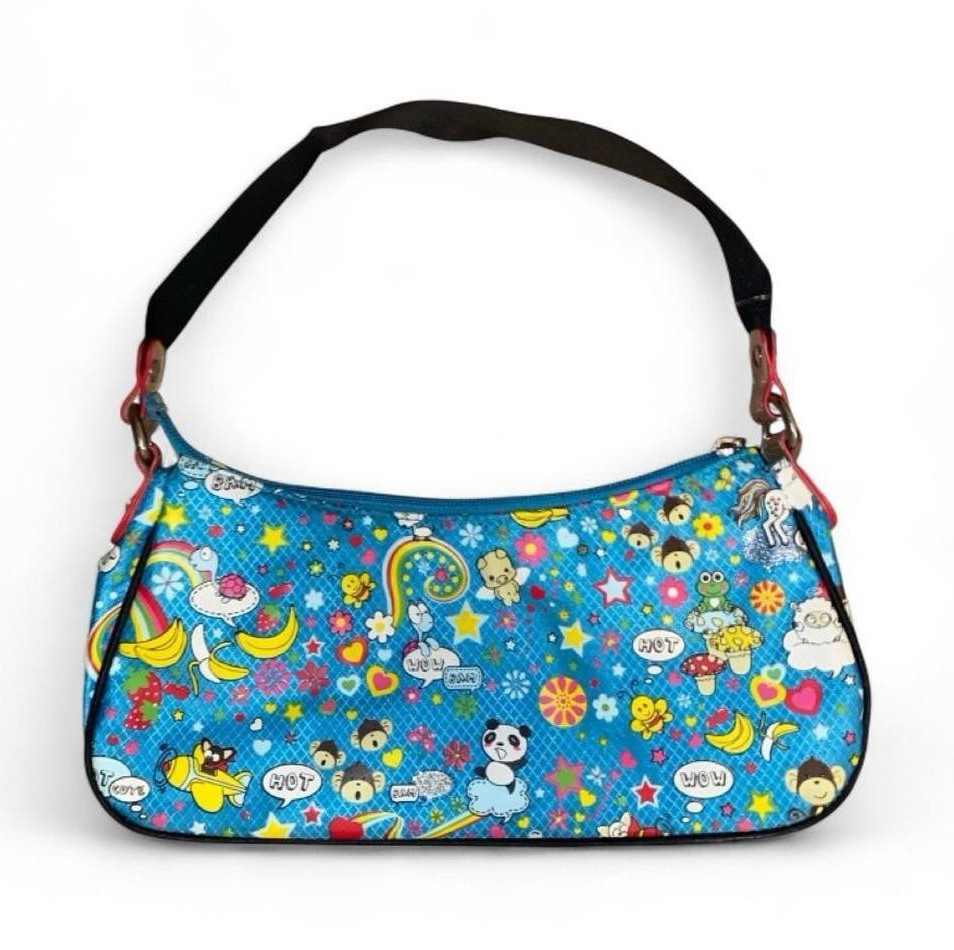 Blue handbag with cartoon characters and speech bubbles