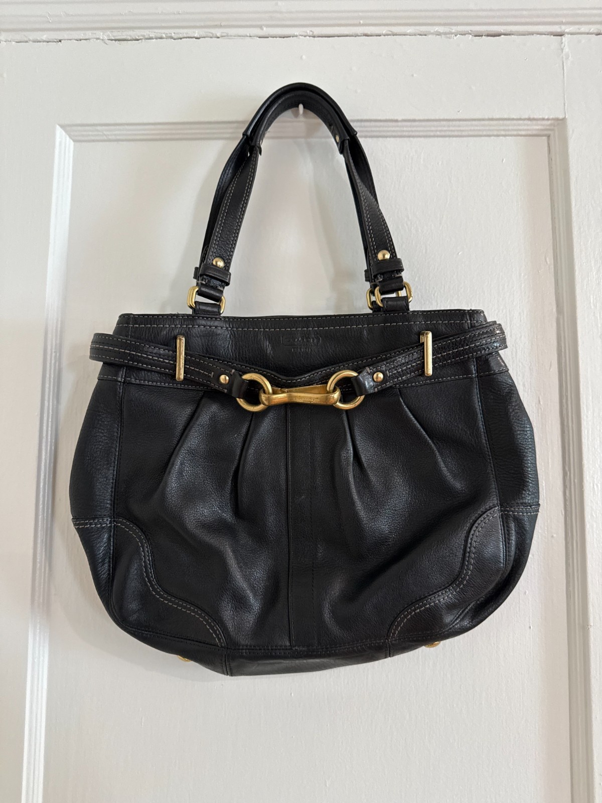 COACH Bag Black Tote Handbag Hampton Pleated Gold Black Brass