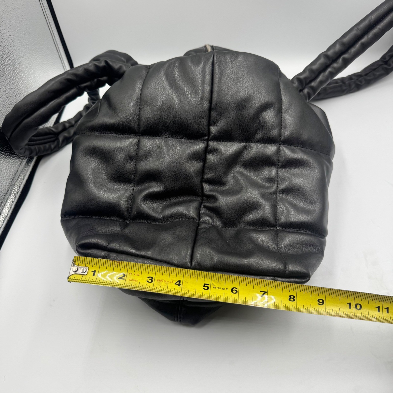 DKNY Black Quilted Puffer Tote Bag Padded Faux Leather Shoulder Bag Silver Logo