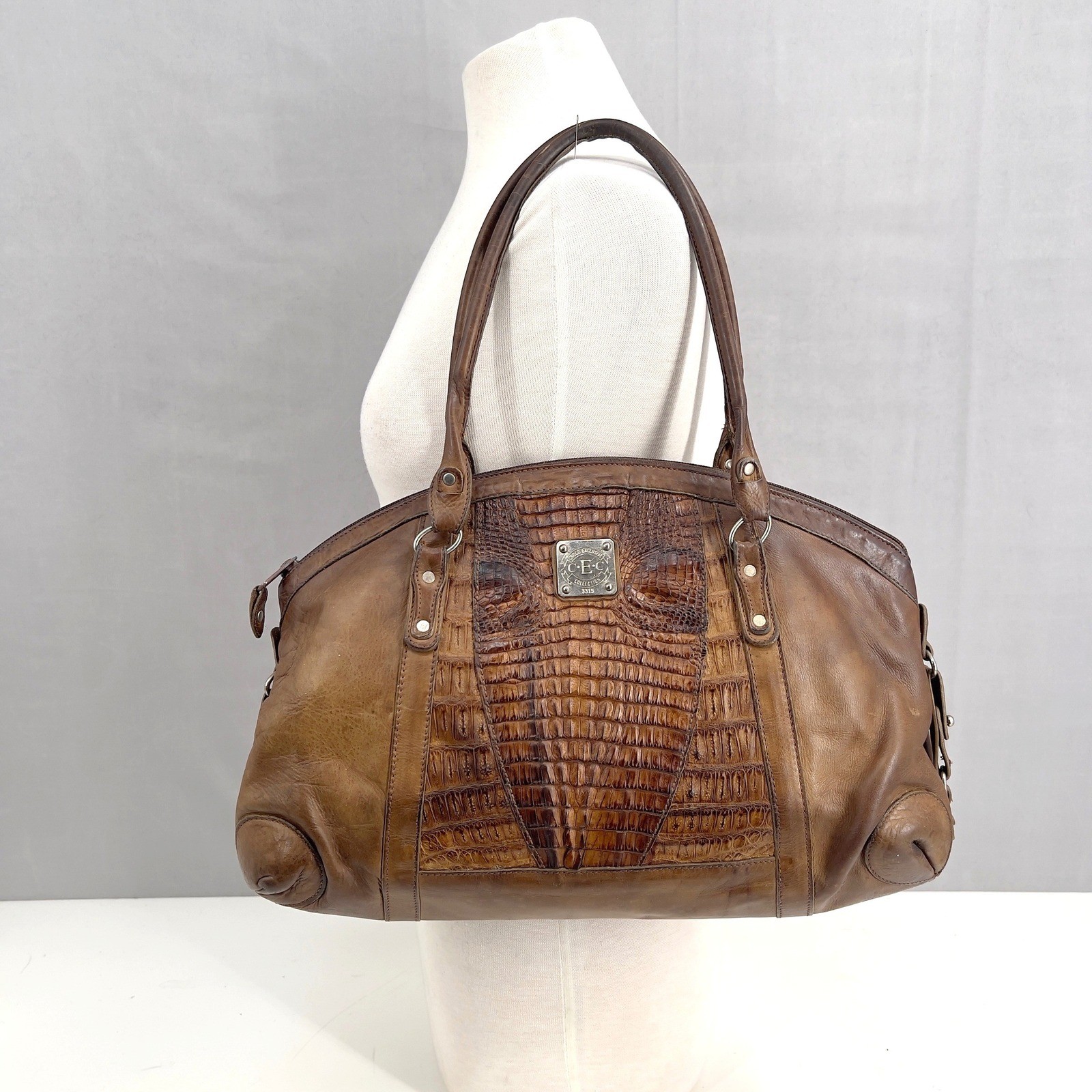 Vintage Genuine Crocodile Skin Leather Brown Shoulder Bag Purse Satchel Large