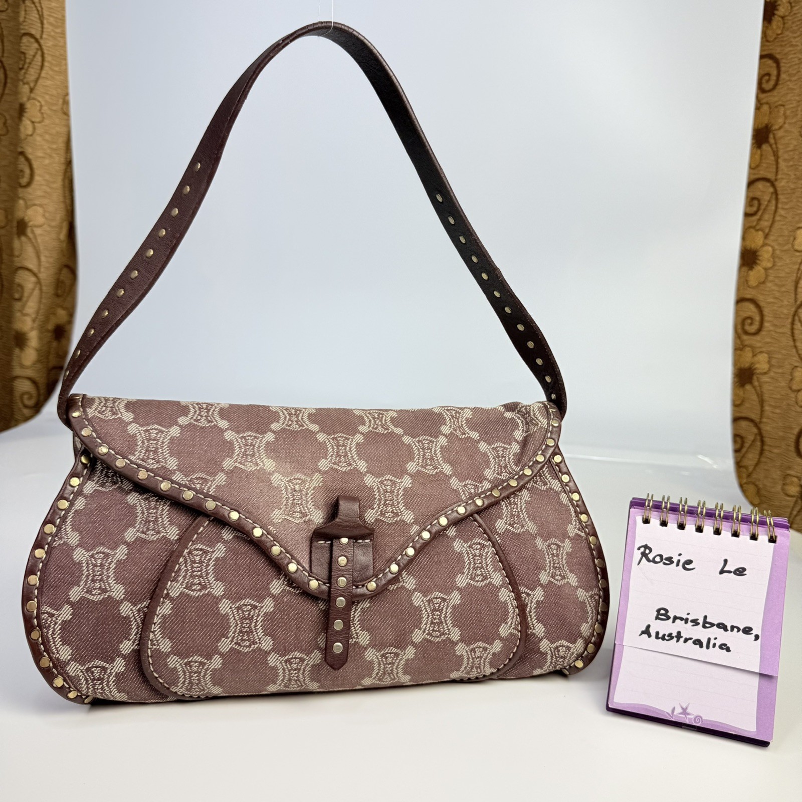 Celine Denim Triomphe Monogram Studded Poulbot Shoulder Bag in Burgundy Colour
